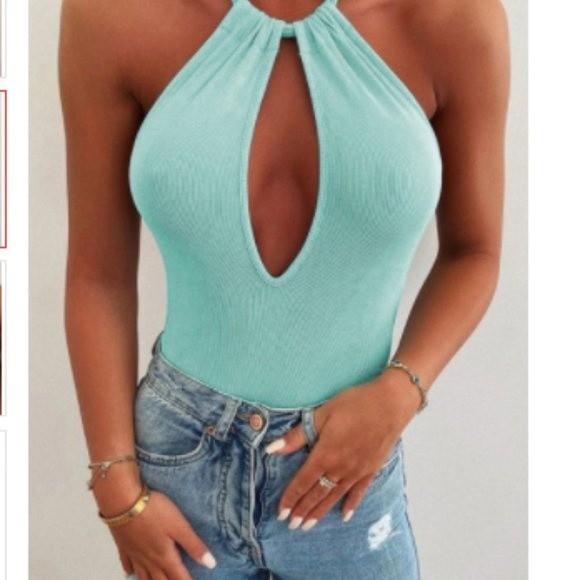 Sky Blue Keyhole Halter Ribbed Bodysuit - Picture 10 of 10